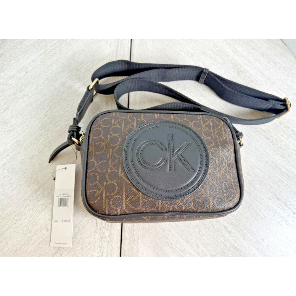 New Calvin Klein Brown Monogram Jacquard Camera Crossbody Shoulder Bag Purse NWT